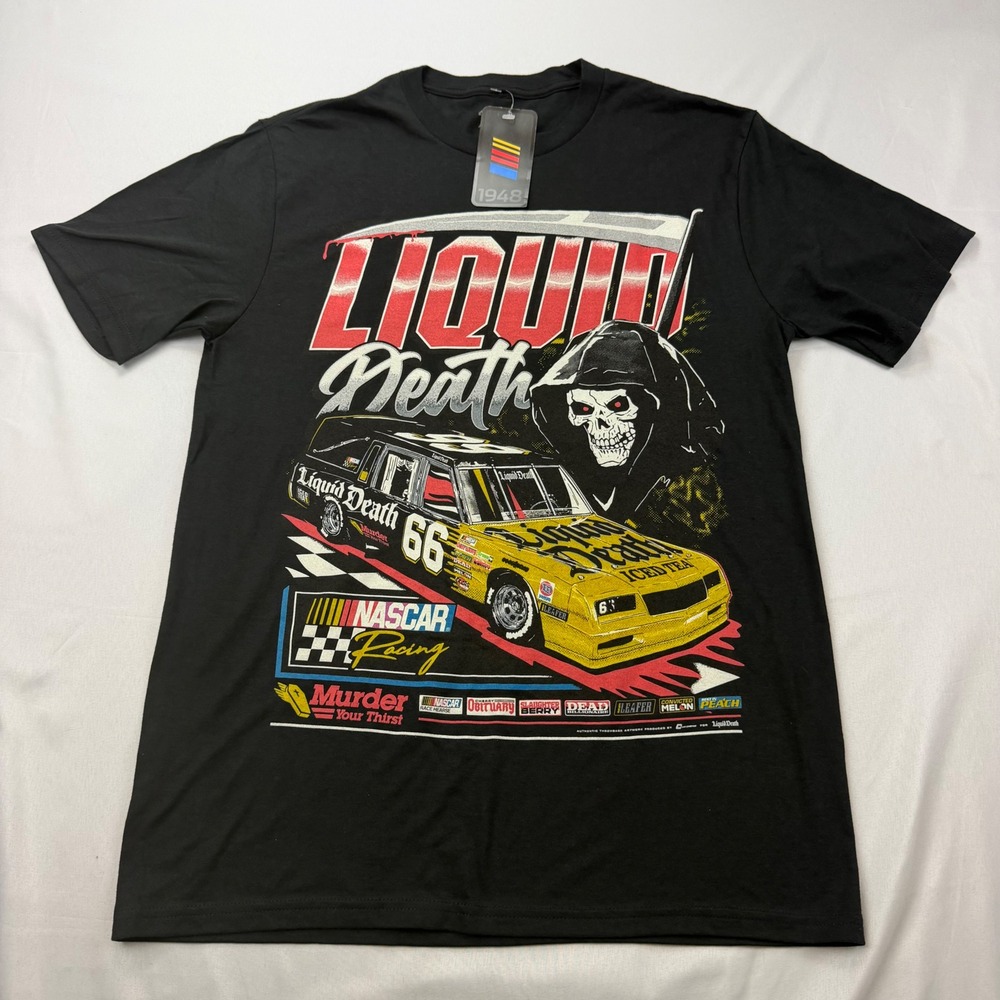 Liquid Death T-Shirt Mens Small Black NASCAR Racing Hearse Reaper Graphic Tee